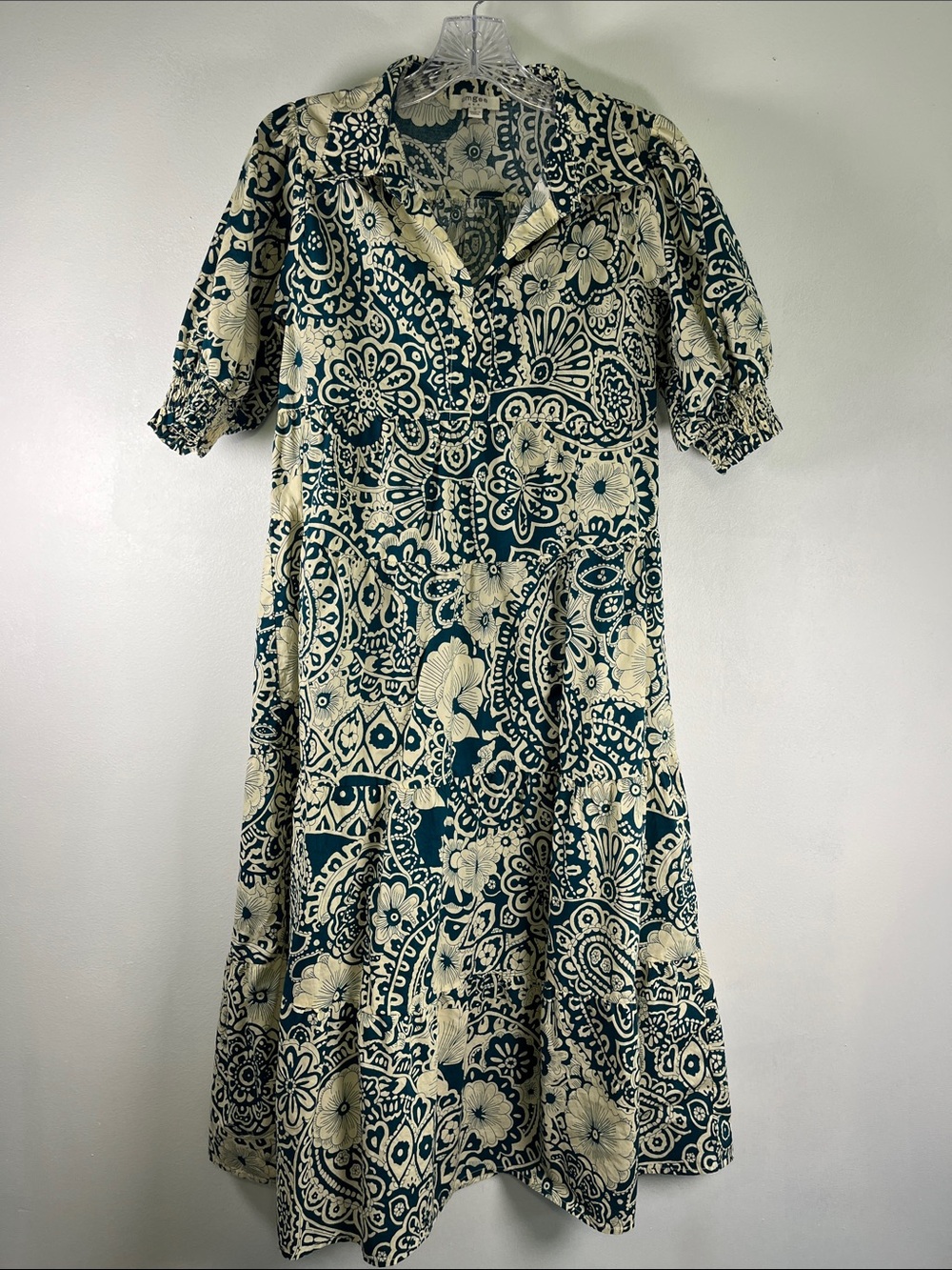 Umgee USA Teal and Cream Floral Midi Dress with Puff Sleeves Sz S